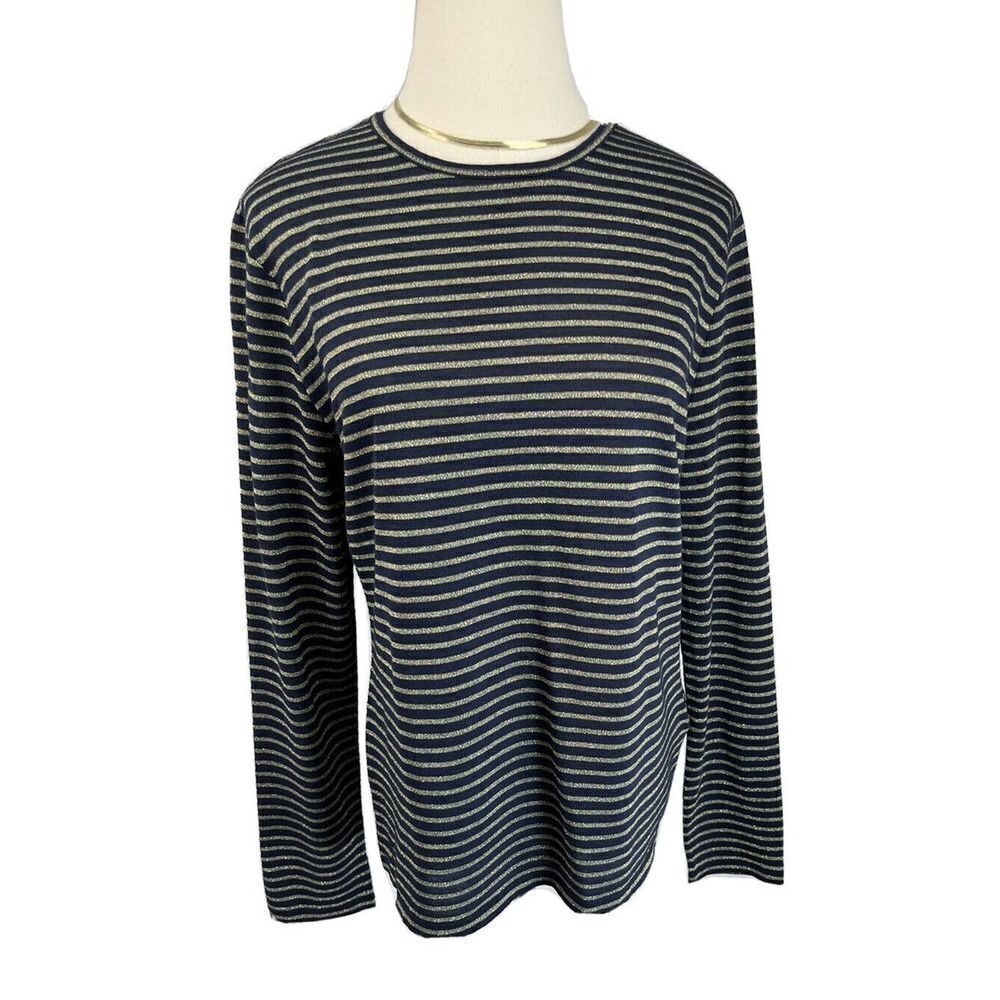 Lauren Ralph Lauren Womens Top Size Large‎ Navy Blue Gold Shimmer Stripe NEW